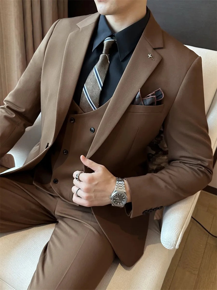 Men's slim fit business suit in a dark green viscose-blend fabric on a hanger.