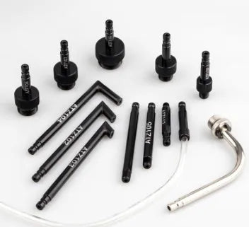 Automatic transmission oil refuelling kit showing transmission injector tool and set of funnels