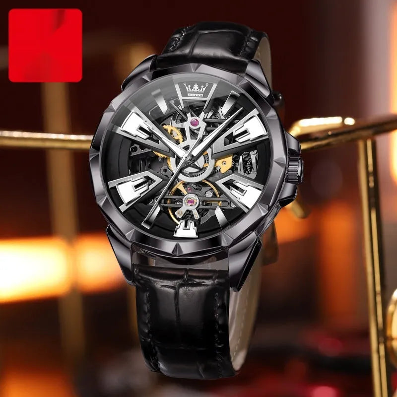 Men's automatic mechanical watch with 44mm barrel dial and transparent case back on genuine leather strap