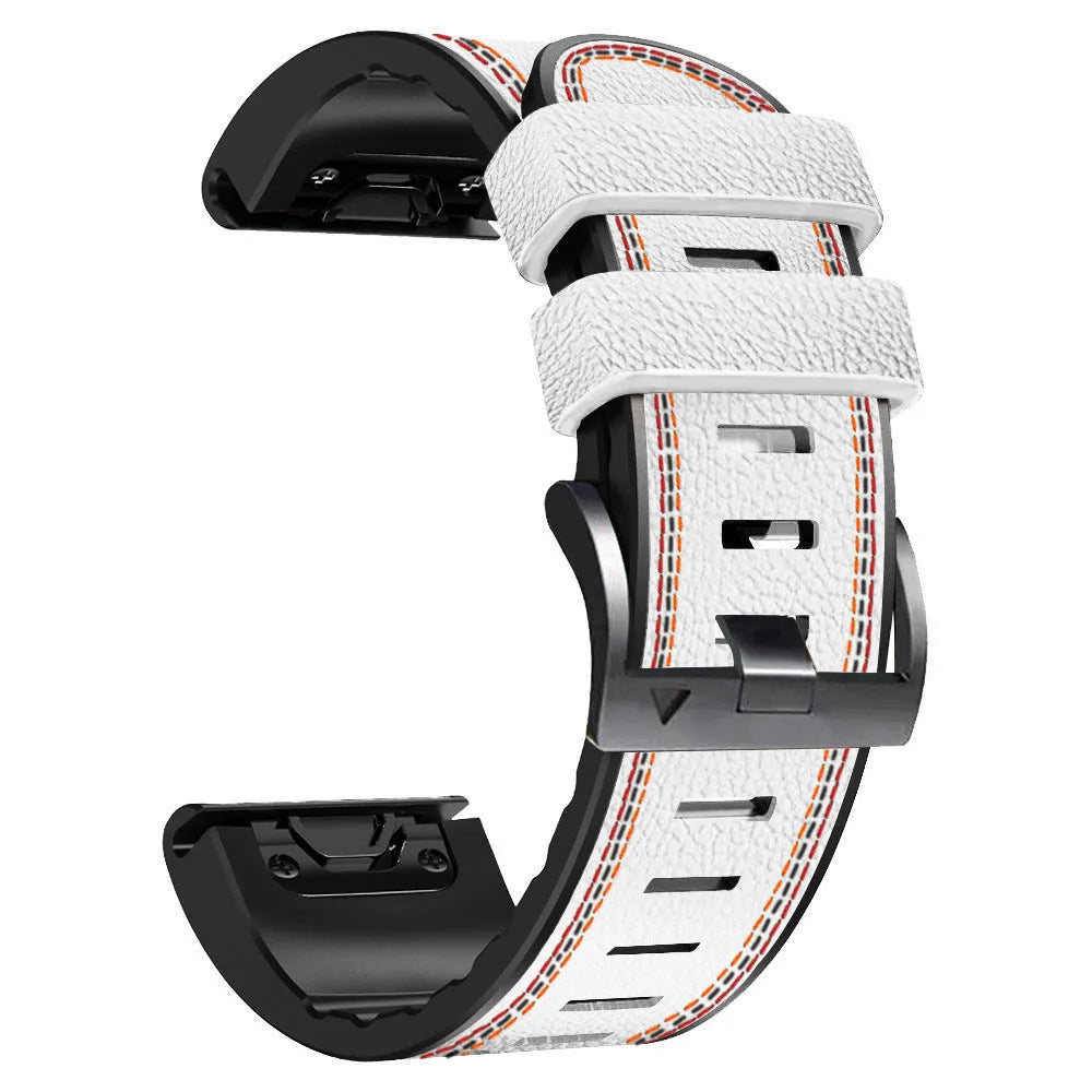 Garmin Fenix quick release silicone leather watchband in black, showing strap and quick release spring bars