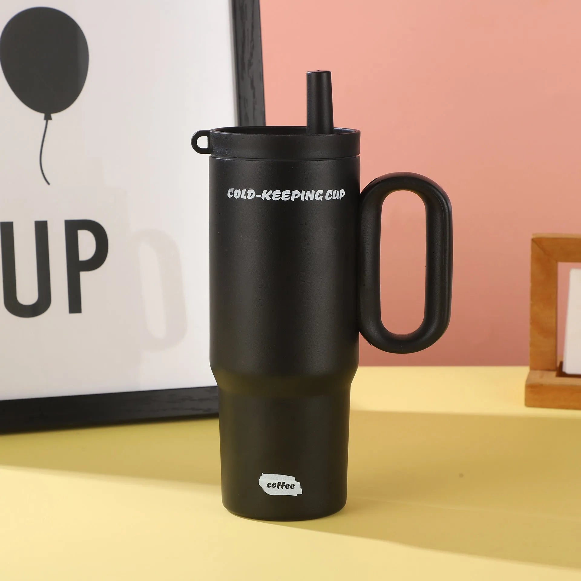 Large stainless steel insulated straw cup with handle in multiple colour options.