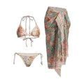 Women's creamy-white floral bikini swimsuit set with skirt, top, and briefs in nylon fabric