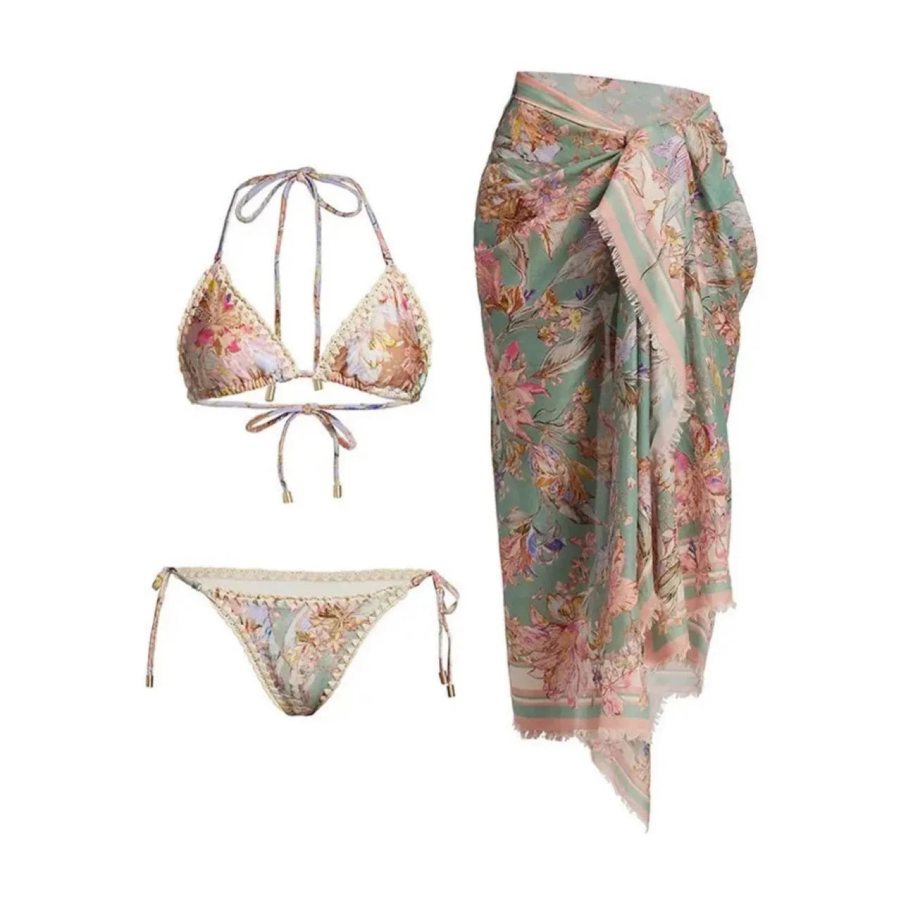 Women's creamy-white floral bikini swimsuit set with skirt, top, and briefs in nylon fabric