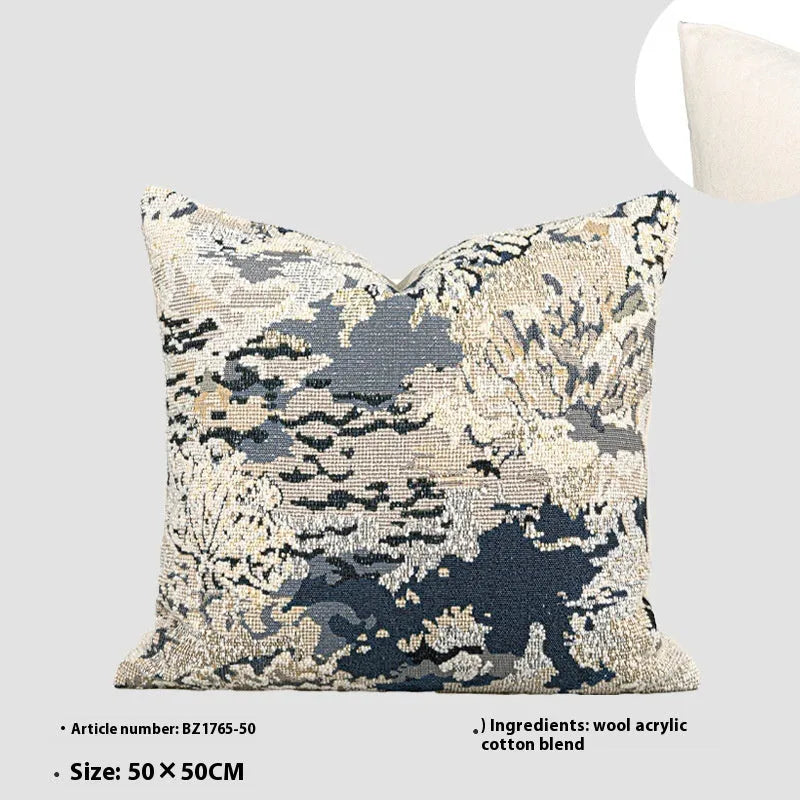 Antique blue wool blended decorative pillow with floral pattern in Chinese French artistic style