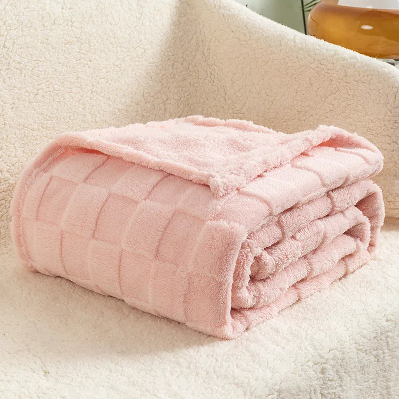 Geometric patterned polyester blanket in milky white showing cotton velvet texture and thickened construction