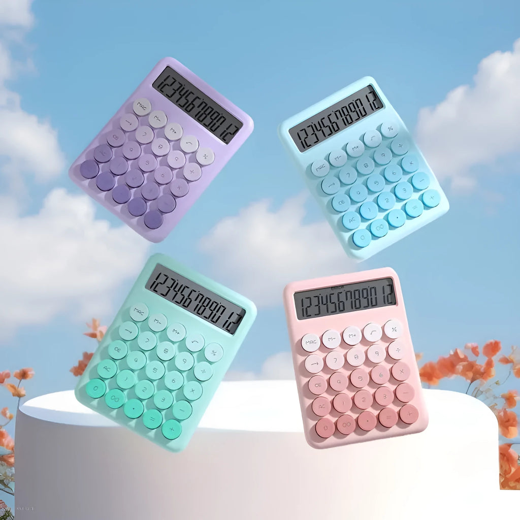 Desk calculator with gradient colour finish and 12-digit solar-powered display.