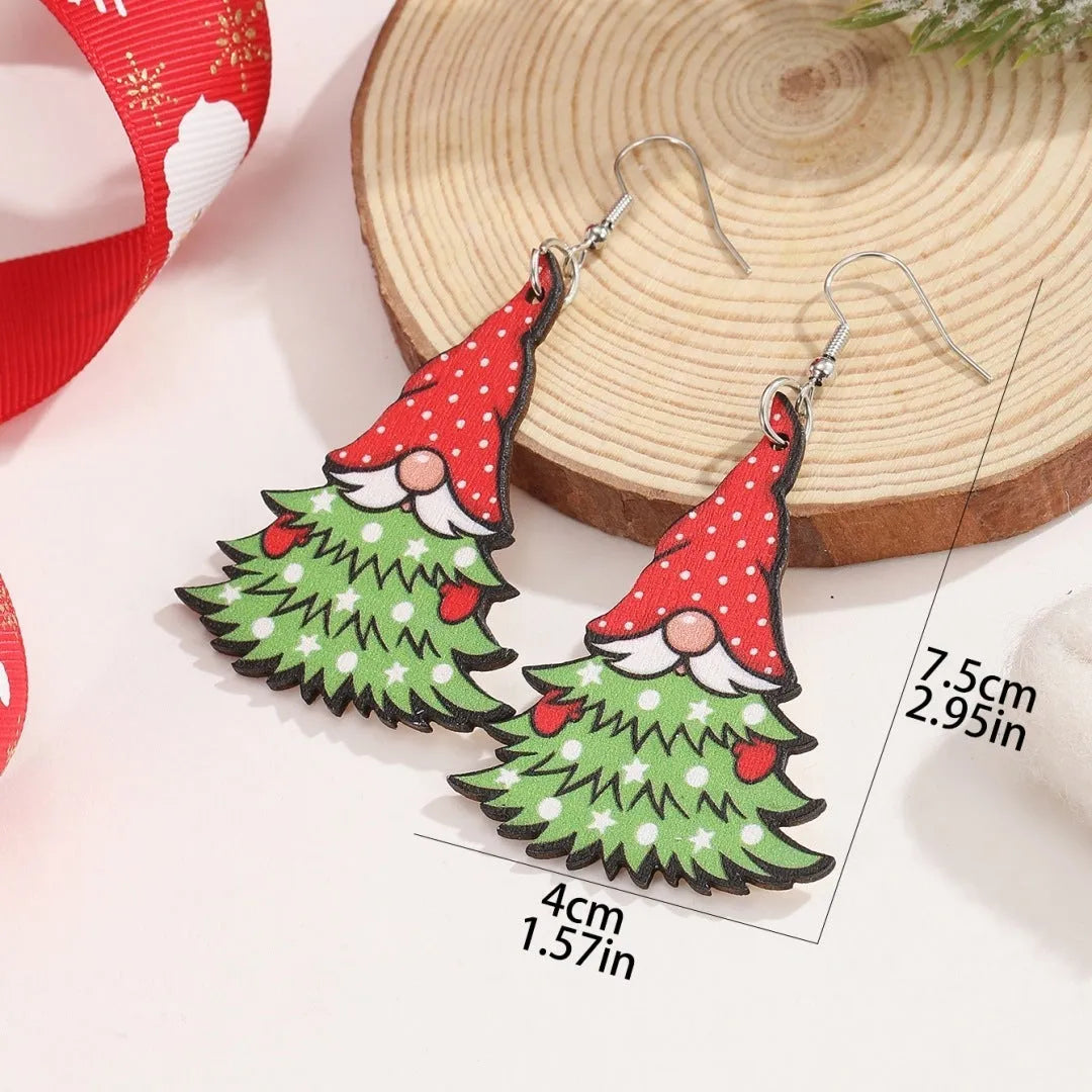 Wooden Christmas earrings with geometric shapes and printed Santa Claus designs