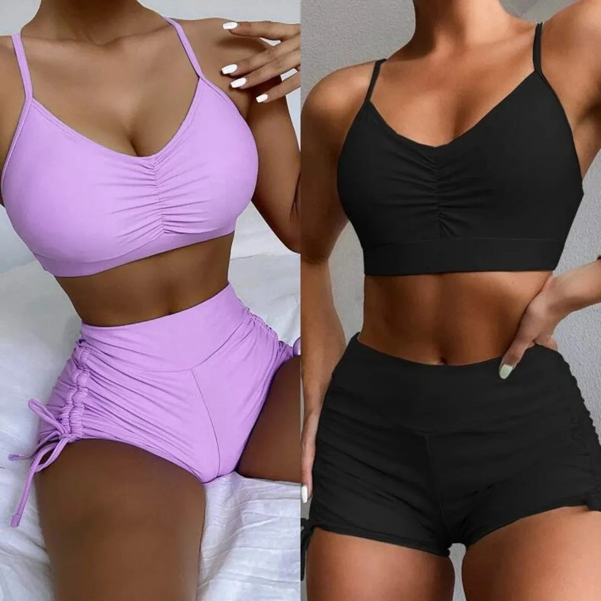 Women's high waist split swimsuit bikini in purple and black colours with spandex and nylon lining