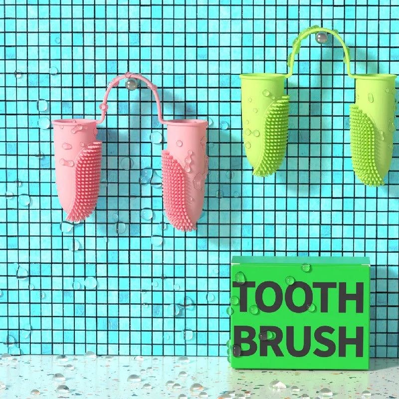 TPR silicone finger toothbrush for pet dental cleaning in blue green, pink, or yellow.