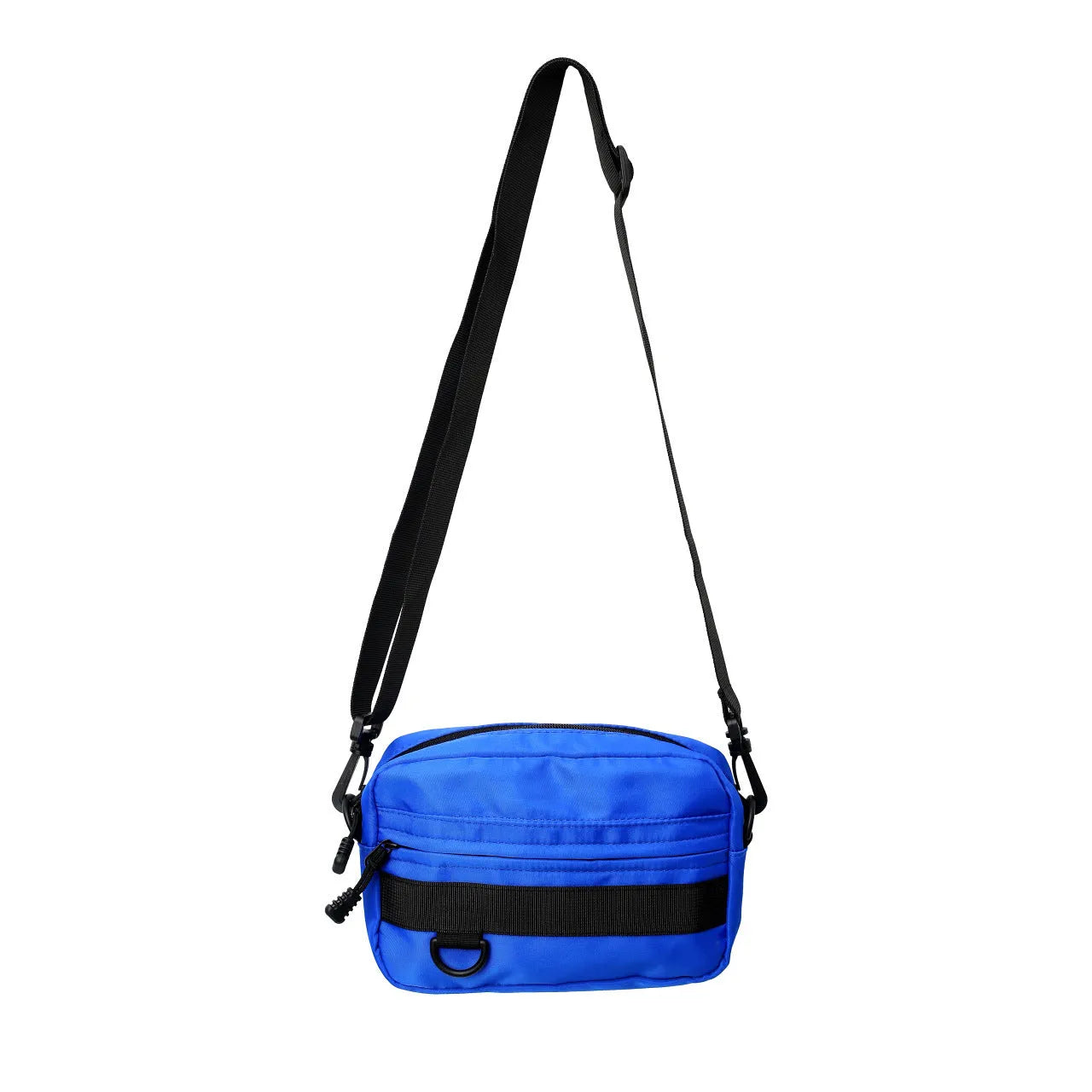 Men's solid colour nylon messenger bag with crossbody strap, shown in street style.