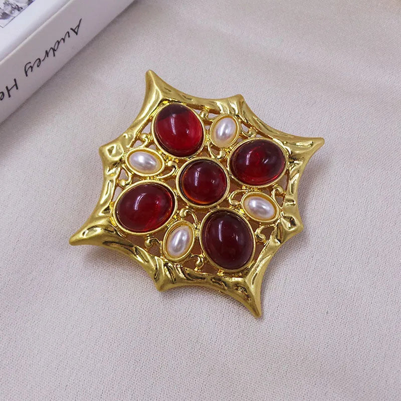 Vintage medieval baroque cross brooch with crystal accents in zinc alloy