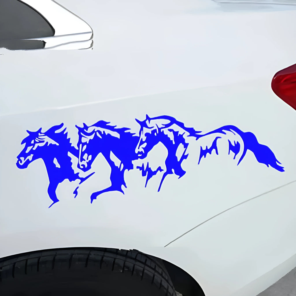 Three horses racing motif automotive decal measuring 25cm by 8cm in PET material