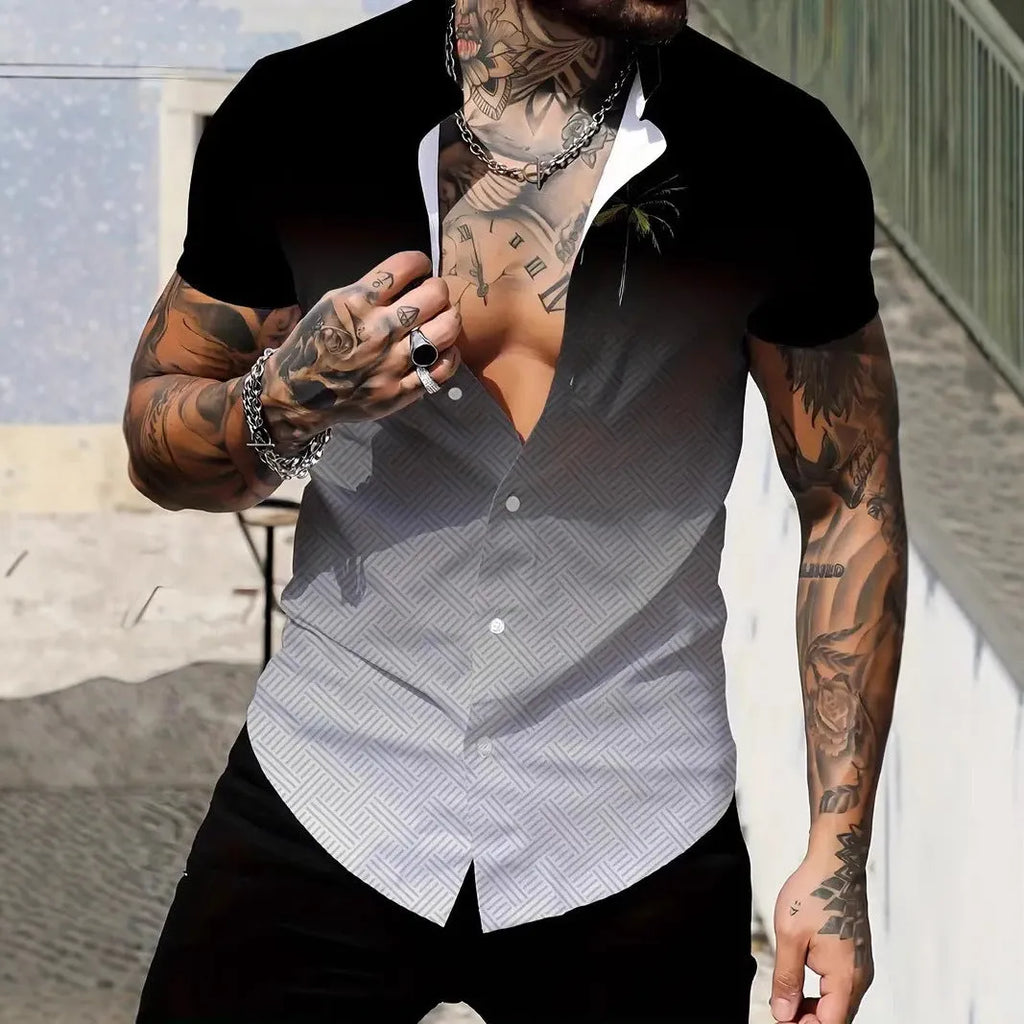 Men's slim fit geometric line print lapel short sleeve shirt in a colour from the available range.