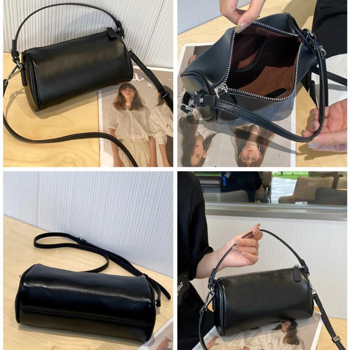 Soft vegetable-tanned leather crossbody phone bag in cylindrical shape with adjustable strap.