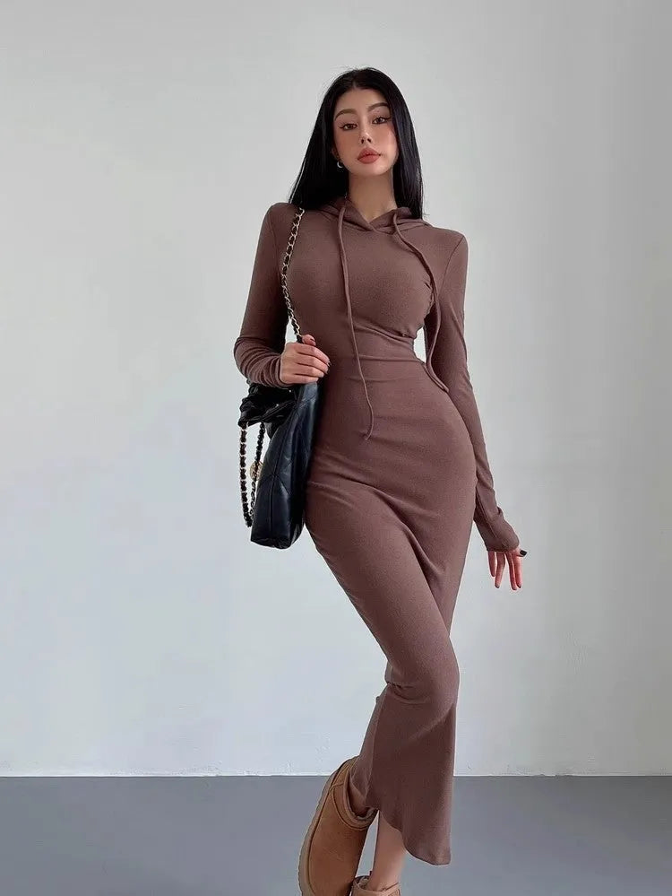 Women's grey hooded long sleeve sheath dress with high waist on a mannequin.