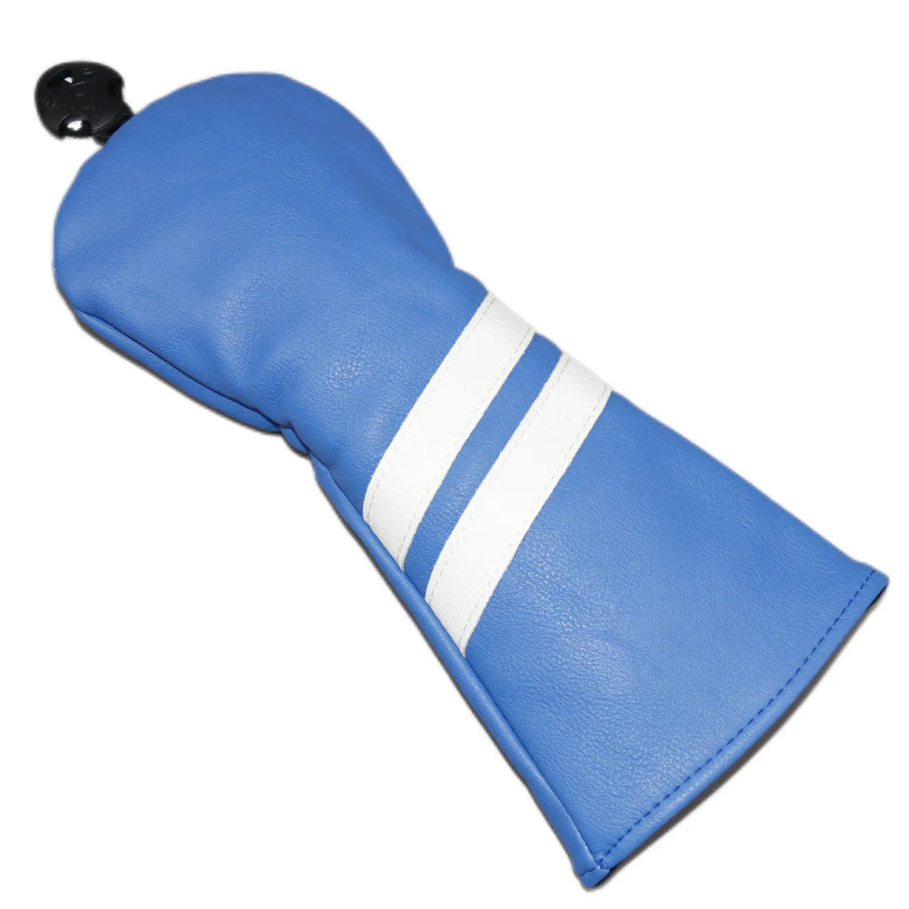 Golf wood head cover with two oblique stripes in blue, shown next to size and colour options.