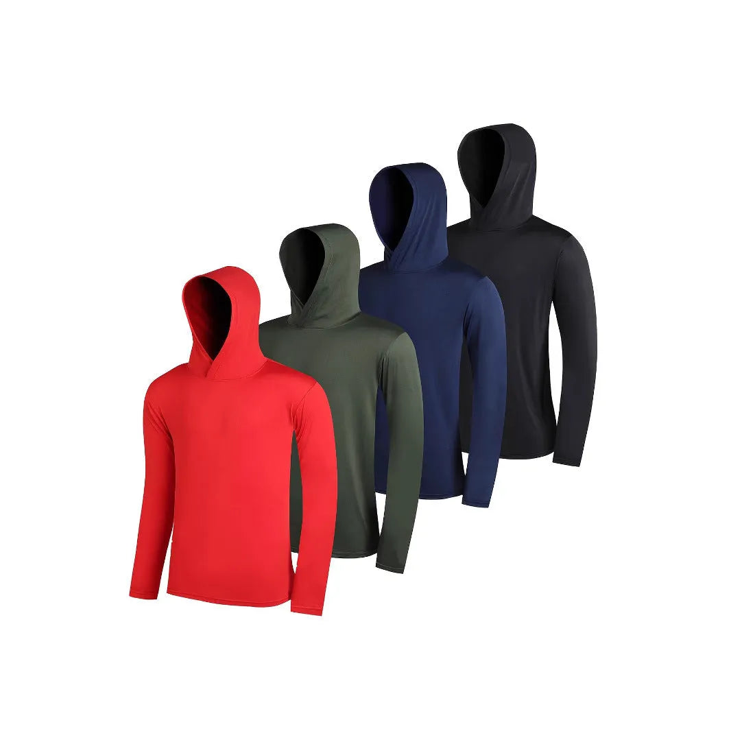 Set of four men's lightweight polyester hoodies on hangers, showing colour options and basic design.