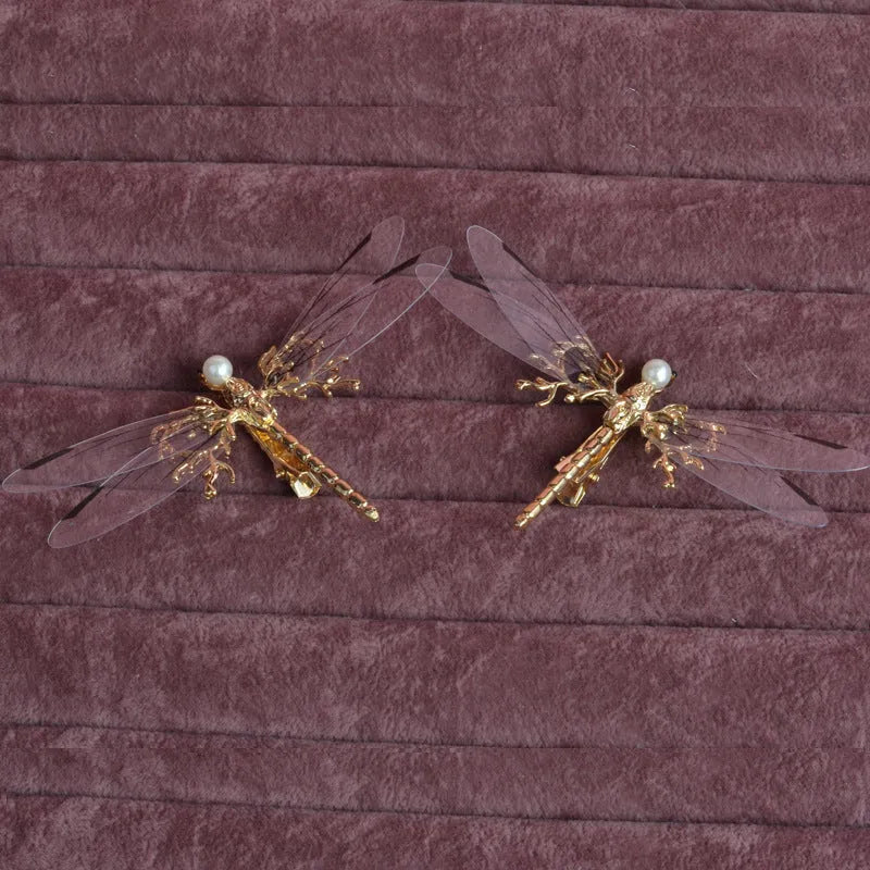 Golden dragonfly side clip headdress hair accessory with alloy construction and electroplated finish