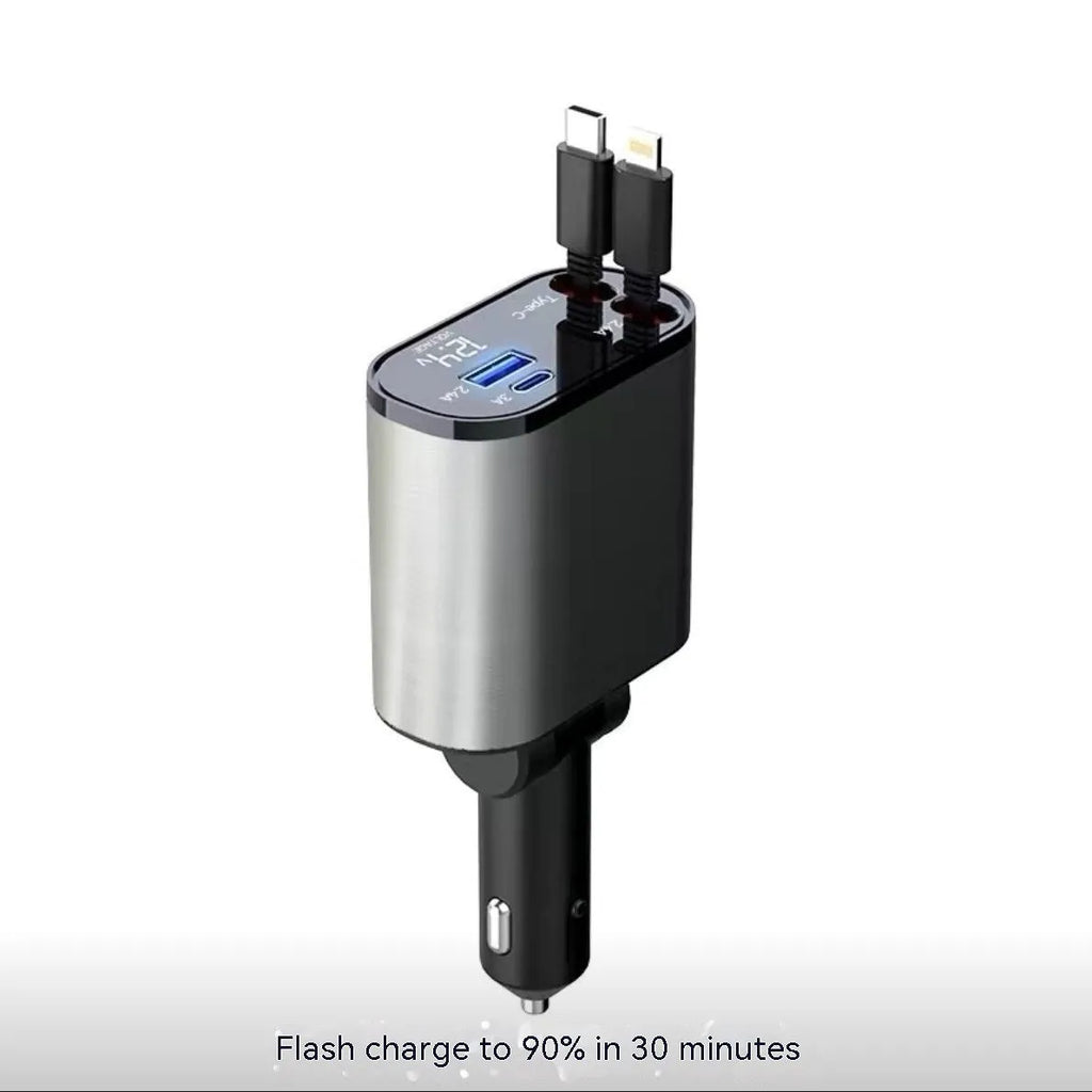 Automatic retractable car charger with cigarette lighter adapter and USB connections