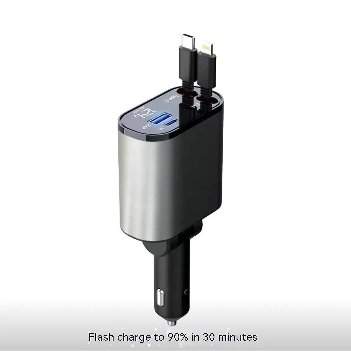 Automatic retractable car charger with cigarette lighter adapter and USB connections