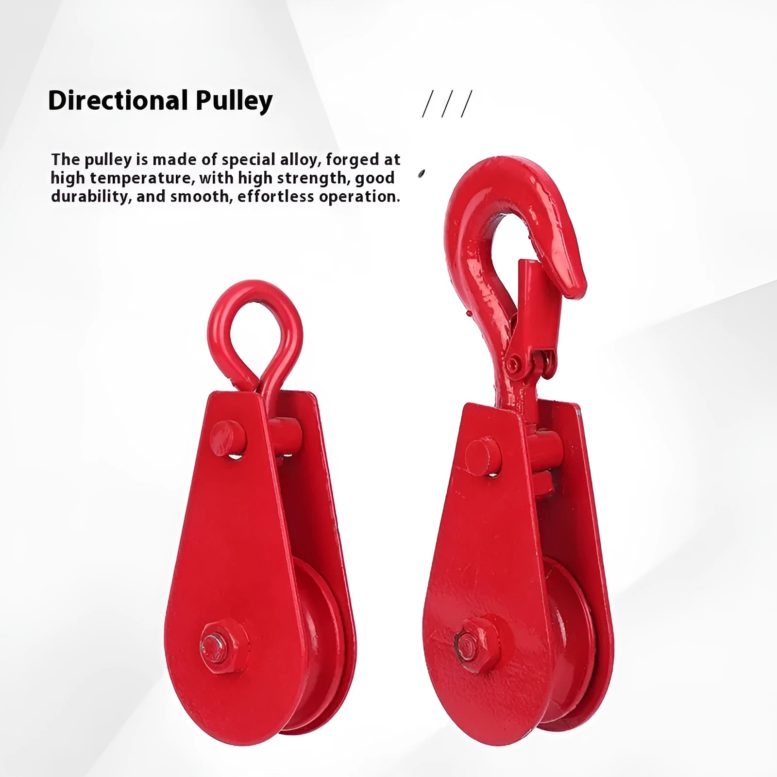 Red forged steel lifting pulley with a safety latch on the hook, for industrial wire rope use.
