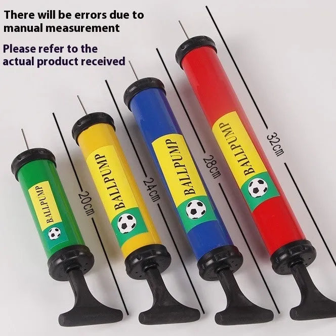 Plastic manual air pump for sports balls in mixed colours showing four size options