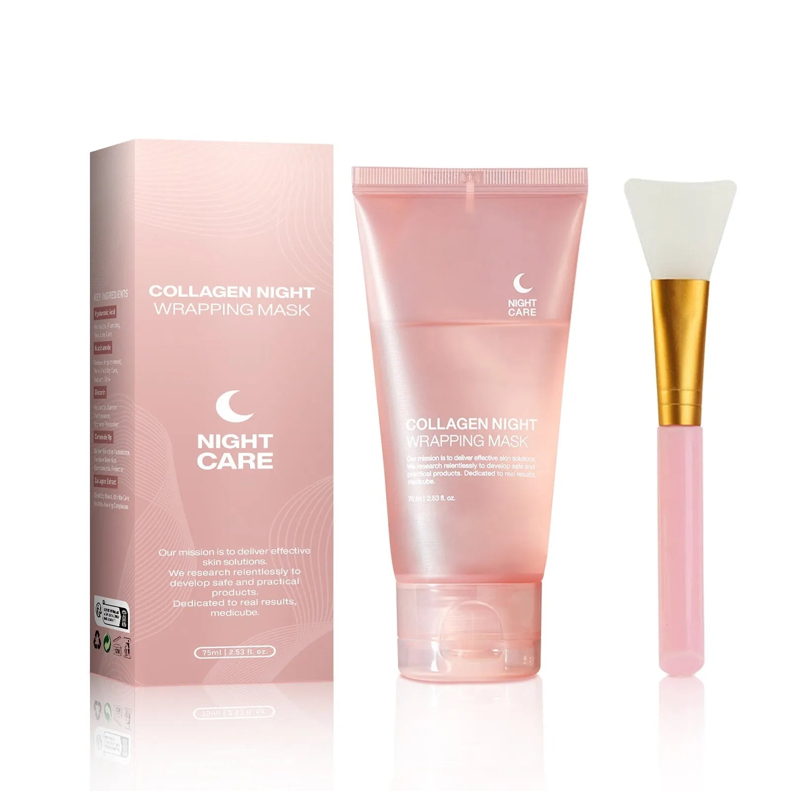 Collagen night face mask bottle with applicator brush for firming and hydration