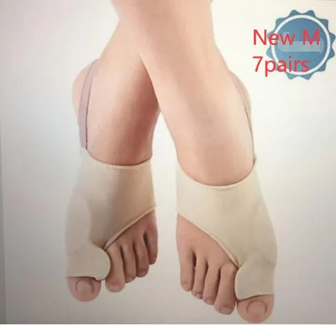 Corrective toe socks with silicone gel bunion pad and toe separator on a foot.