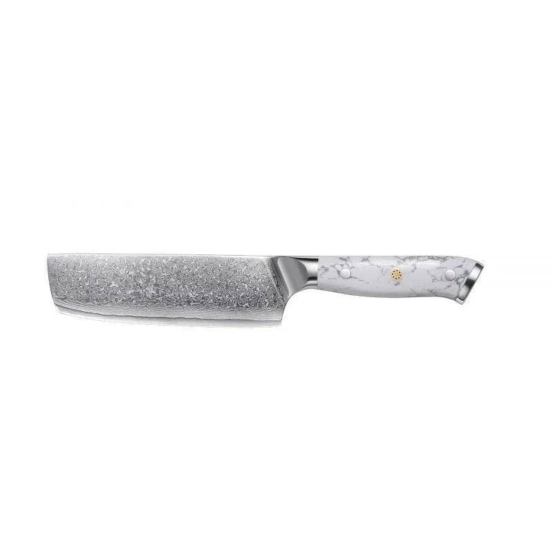 Damascus pattern chef's knife with 21cm VG10 steel blade and dark handle on a wooden surface.