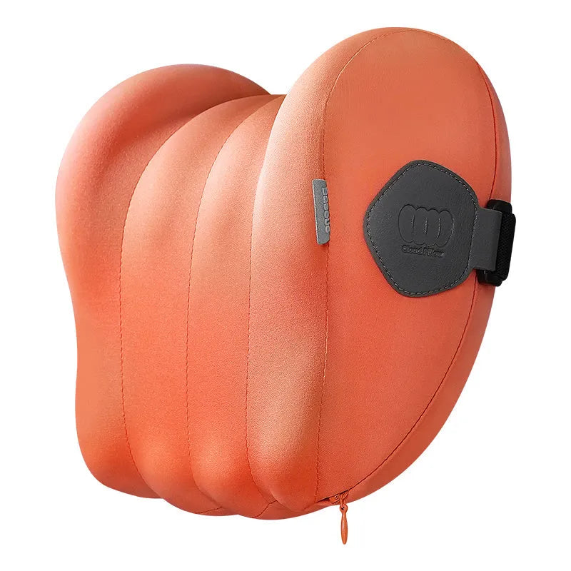 Grey and orange memory foam car head restraint and lumbar pillow set for suspension bins.