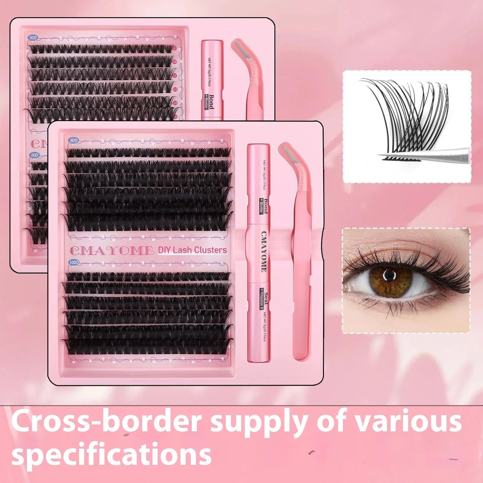 DIY single cluster individual false eyelashes set on white background, showing thick mixed split type artificial fibre lashes.