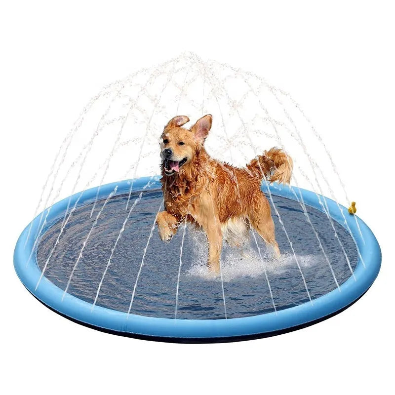 Large blue dog splash pad with water jets spraying, dog playing in centre on non-slip textured surface