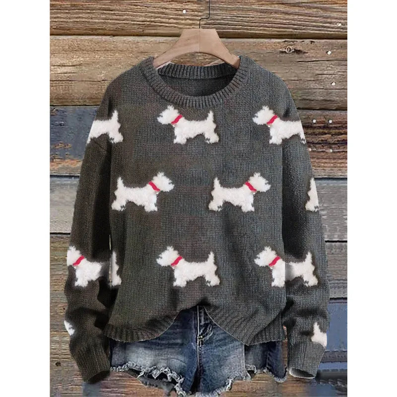 Little Flower digital printed round neck sweater in polyester, shown on a hanger.