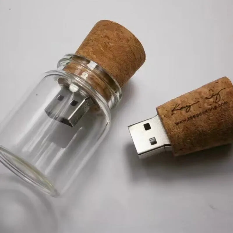 Wooden wish drift bottle USB flash drive 60mm by 28mm with transparent colour options