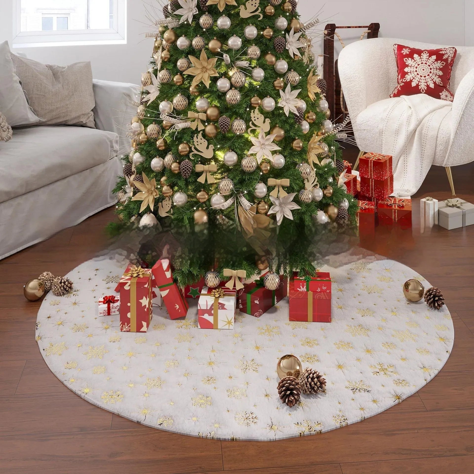 Plush Christmas tree floor mat in snowflake cedar style, available in 78cm 90cm 122cm 150cm sizes