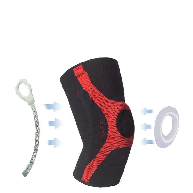Red and grey knitted sports knee pads with non-slip silicone grip for running and climbing.