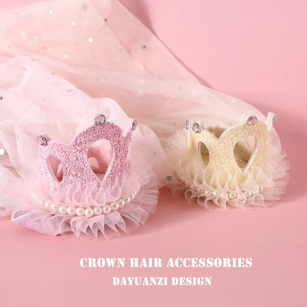 Pet wearing princess crown headdress with beige veil for wedding celebration accessory