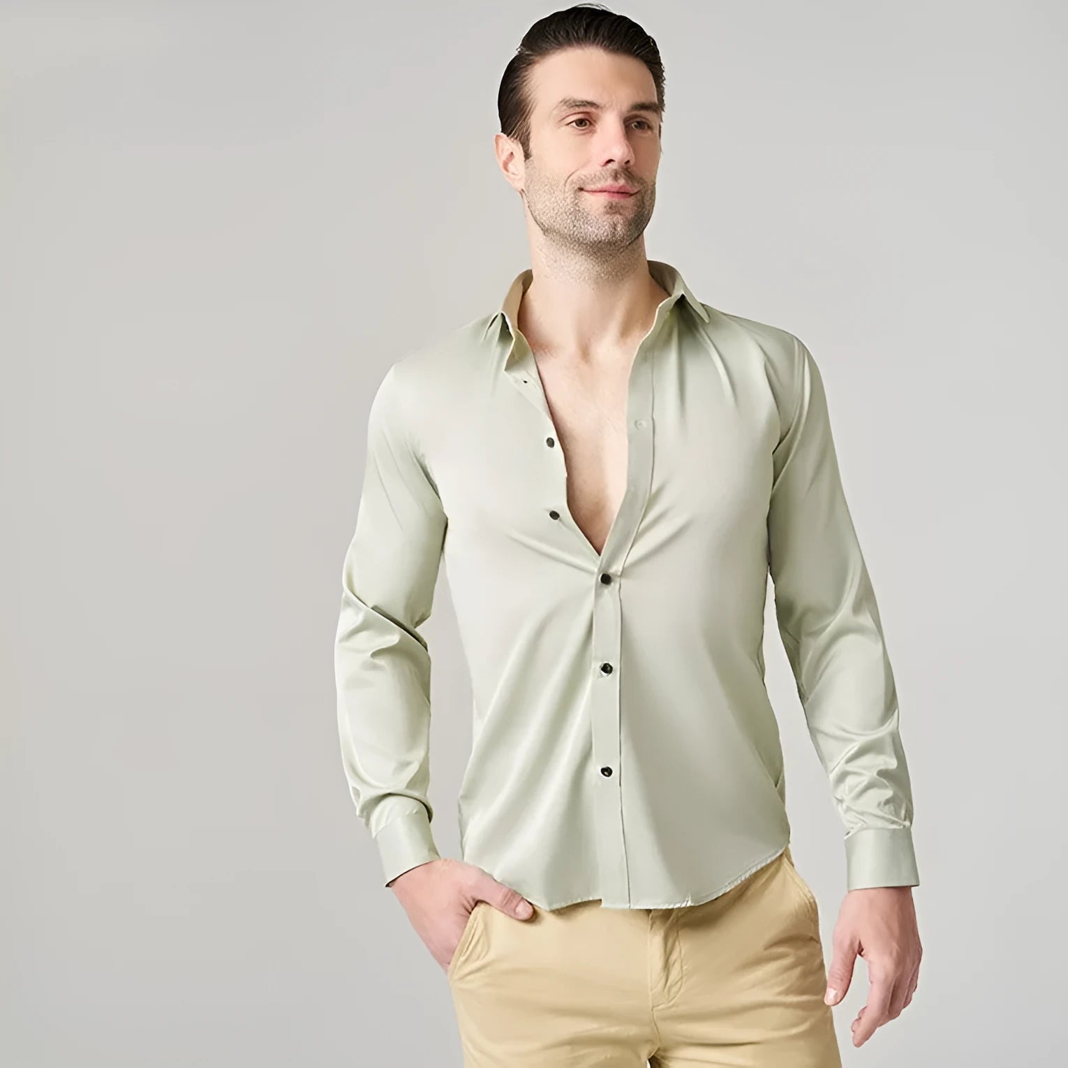 Men's long sleeve polyester stretch work shirt shown in multiple colour options