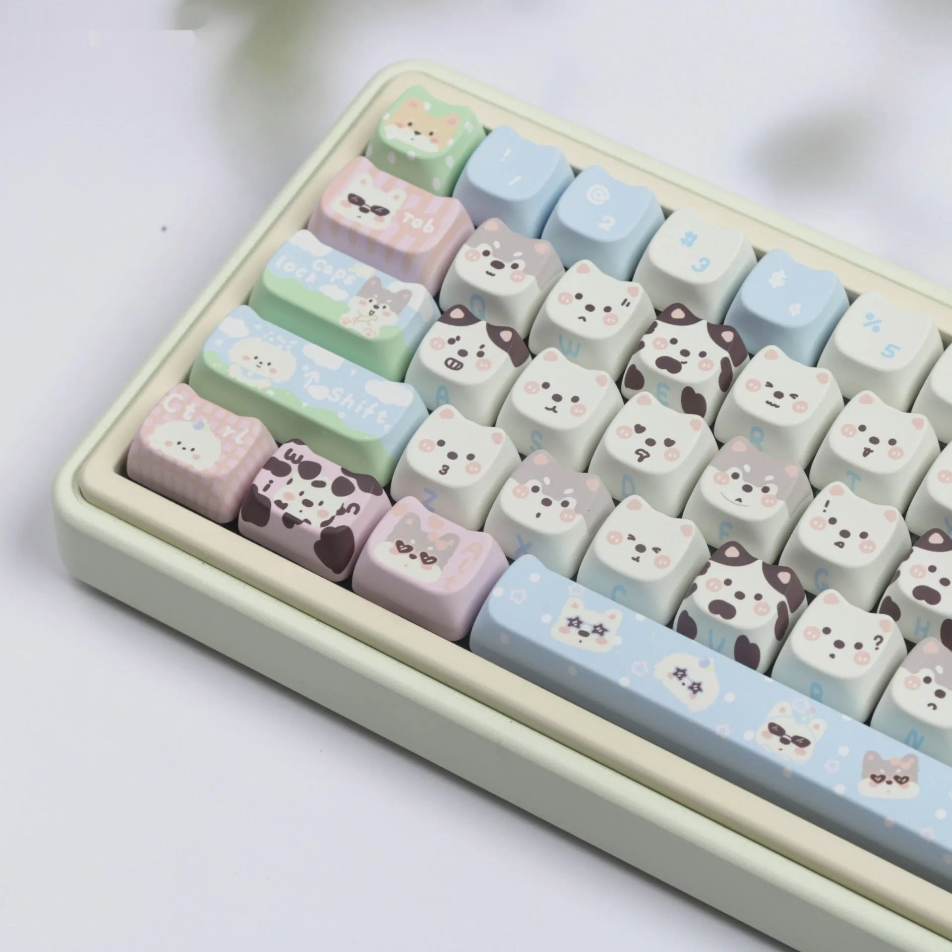 Complete PBT keycap set with cat and puppy illustrations for mechanical keyboards