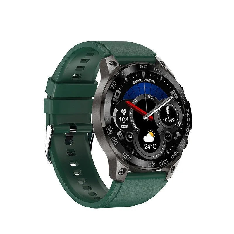 Bluetooth smartwatch with round AMOLED display showing fitness metrics on silicone wristband
