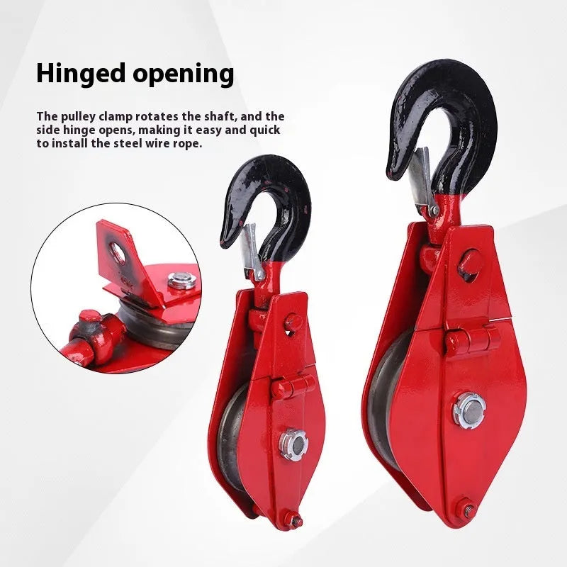 Red forged steel lifting pulley with a safety latch on the hook, for industrial wire rope use.
