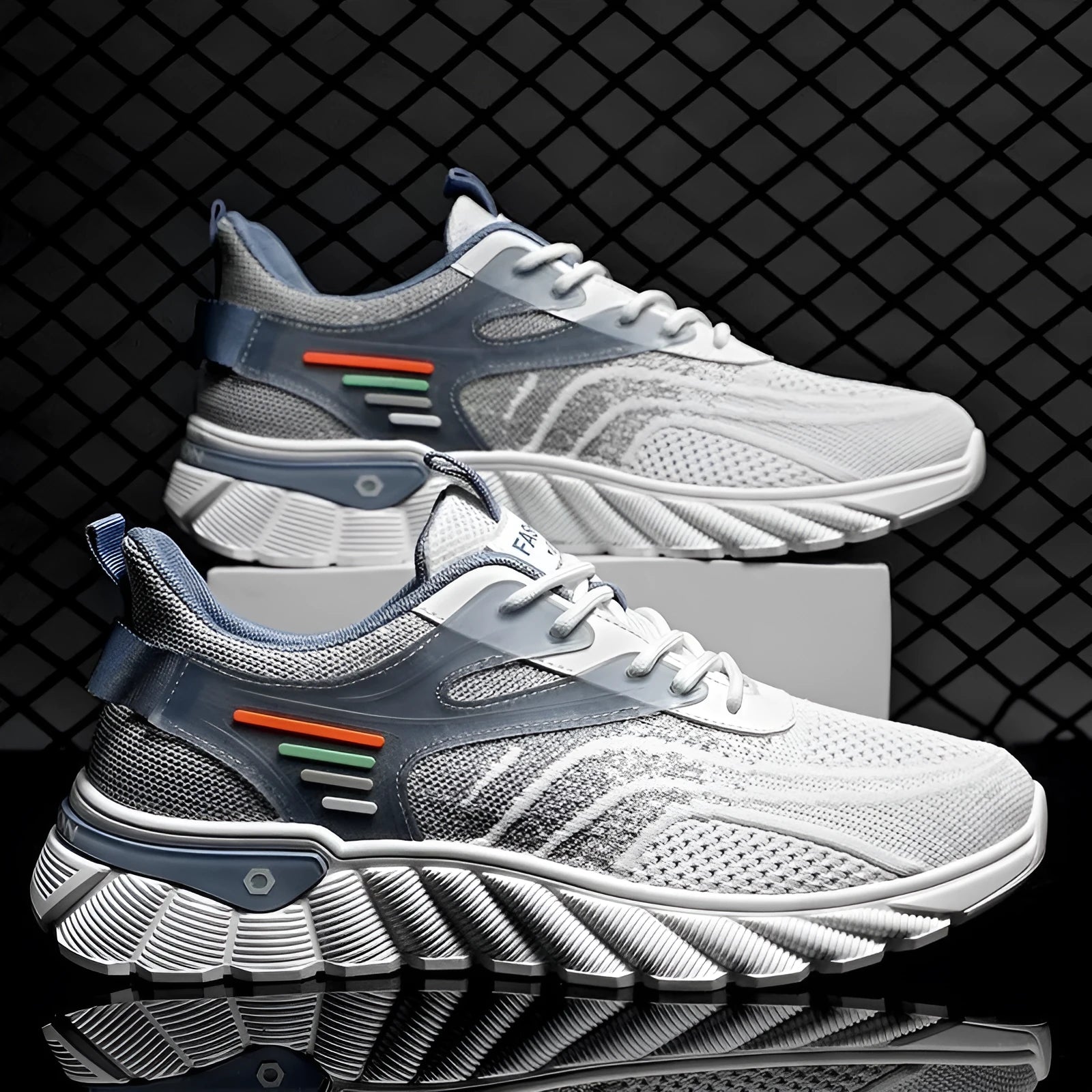 Men's platform casual sports shoes in black with cross shoulder straps and mesh upper