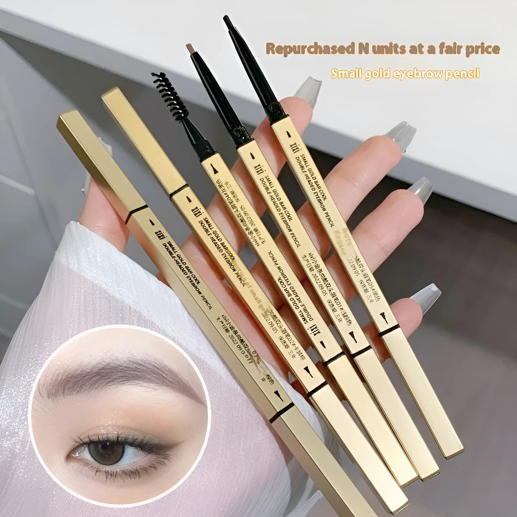 Gold chopsticks design ultra-fine eyebrow pencil in a display of five shades: light brown, kaki brown, dark brown, grey black, and black.
