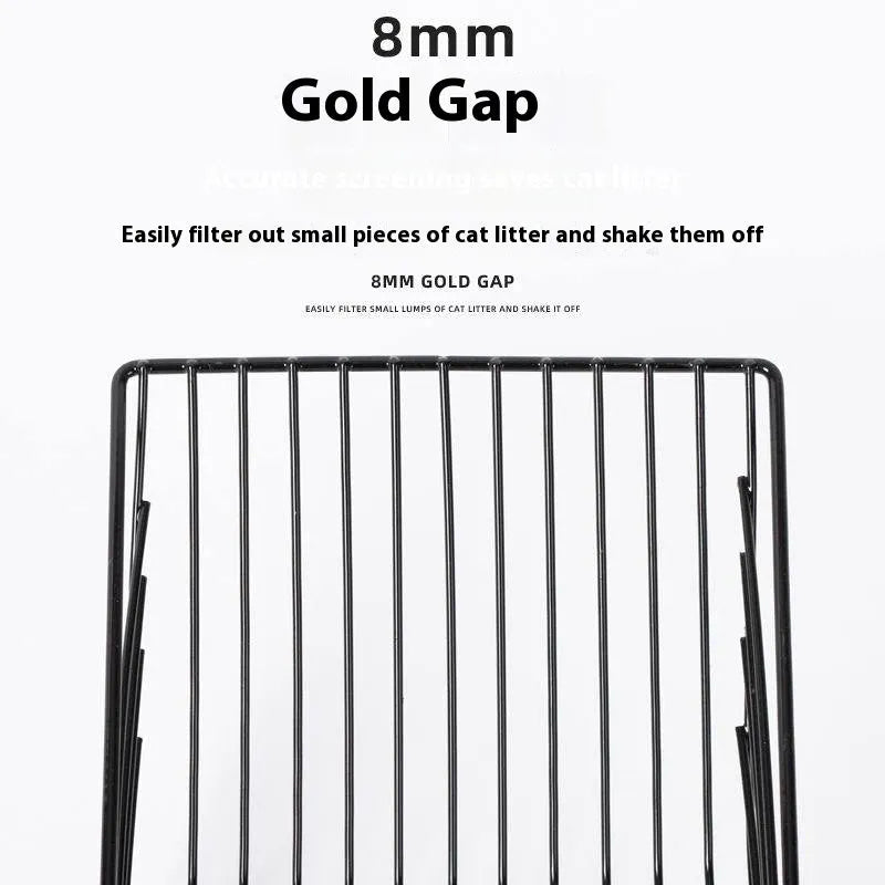 Black metal cat litter scoop with 0.8cm gap spacing between tines for waste removal