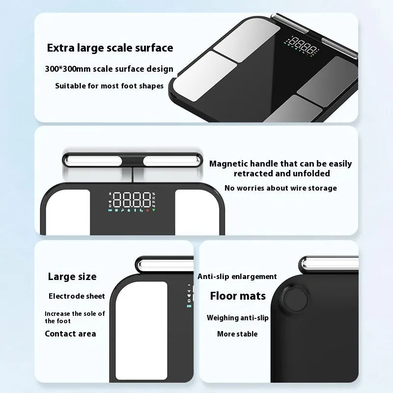 Black tempered glass digital bathroom scale showing body fat percentage on its colour screen.