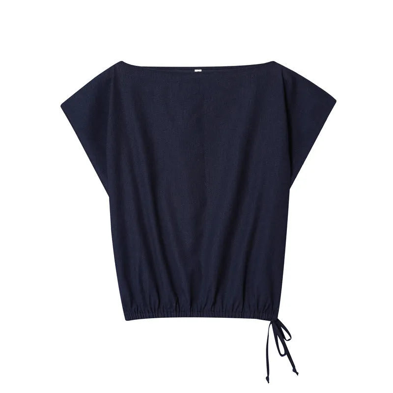 Women's linen blend off-neck shirt with flounced sleeves and matching wide leg trousers set.