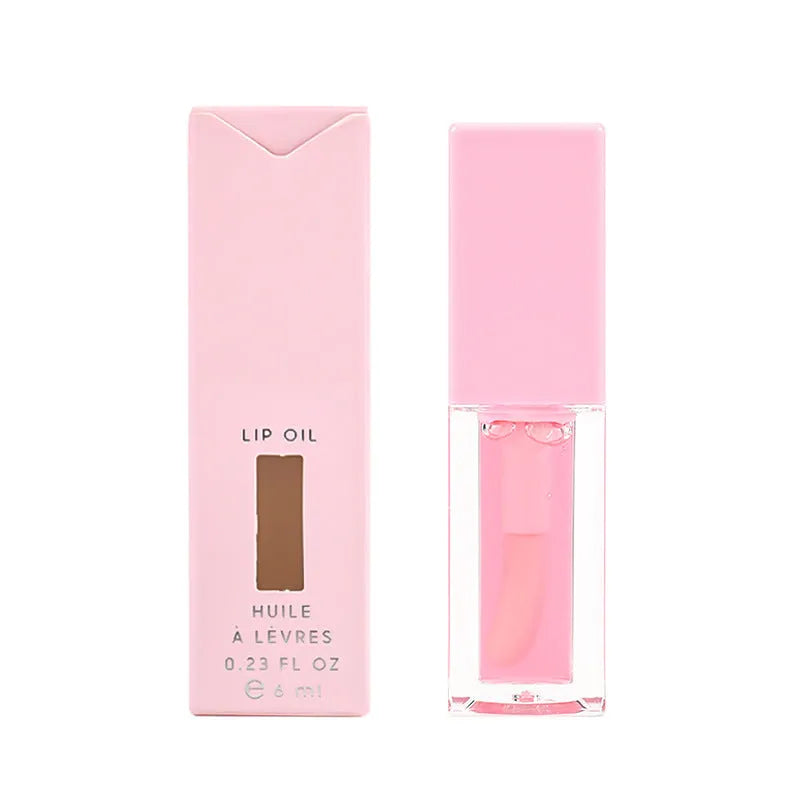 Six transparent lip gloss tubes in fruity flavours: bird of paradise, cherry, coral, mango, strawberry, watermelon