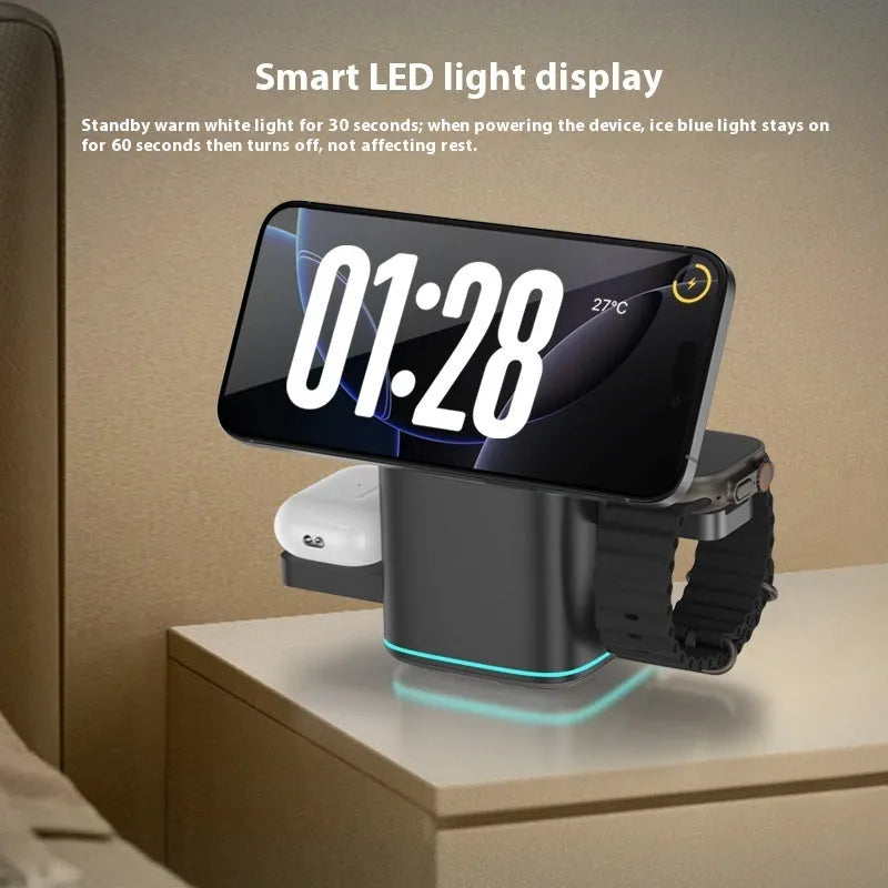 Black magnetic wireless charging stand rotating phone showing Type-C cable connection