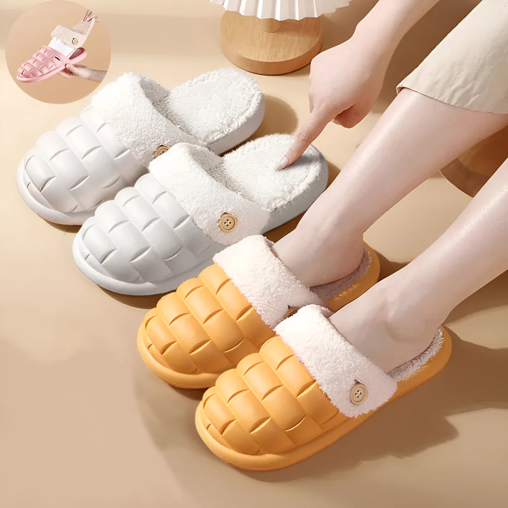 Women's EVA plush house slippers with detachable sleeves in pink, showing slip-on and overshoe wearing modes