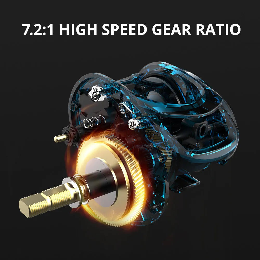 Drip wheel fishing reel with lure rod and a choice of left or right-hand wheel, shown with included fishing vessel.